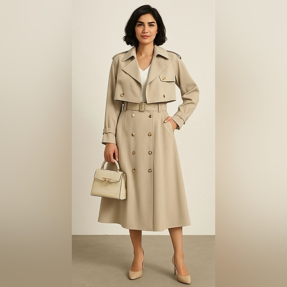 Stylish Tan Trench Coat with Skirt 2 pc set- Missing Label - Picture 3 of 5